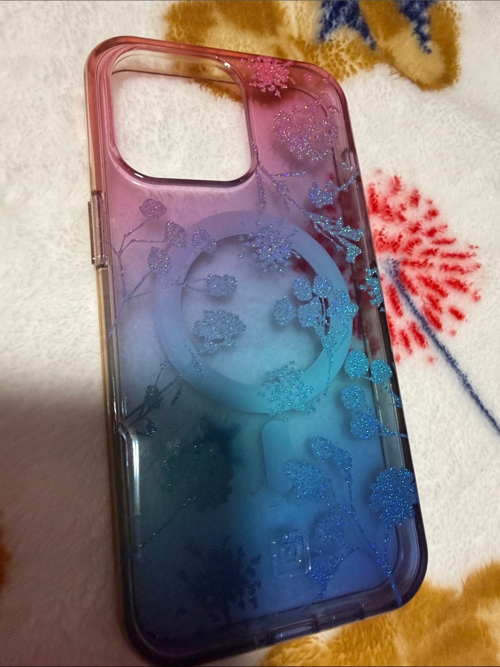 Pink to blue to purple Ombre Floral Glitter Phone Case 15 pro max